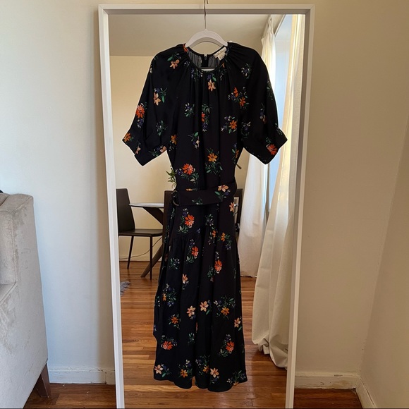 NWOT Shoshanna floral navy blue belted midi dress size 4 C1 - Picture 3 of 5